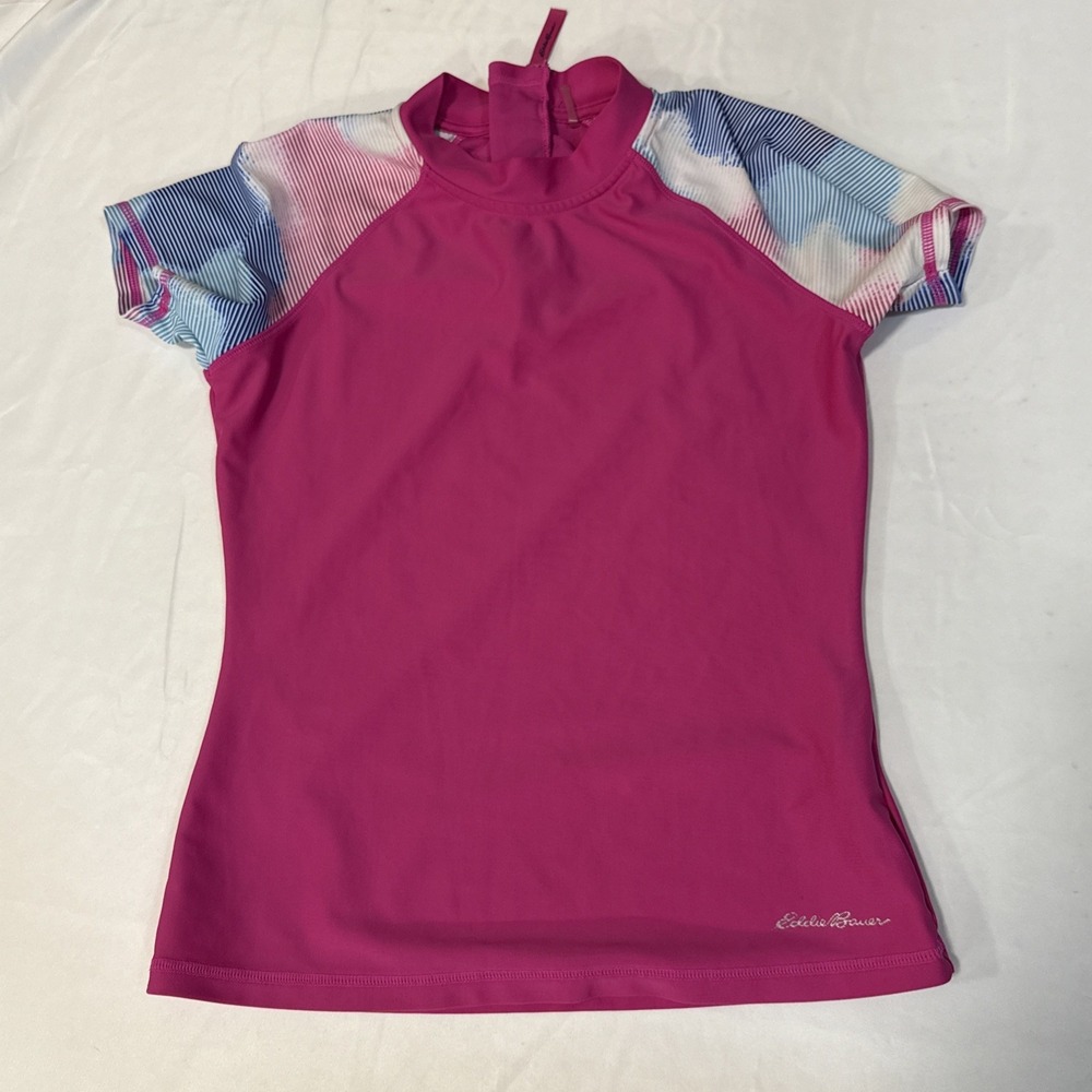 Eddie Bauer Youth Girls Medium Swim Shirt Short Sleeves Pink Zip Back Swimsuit